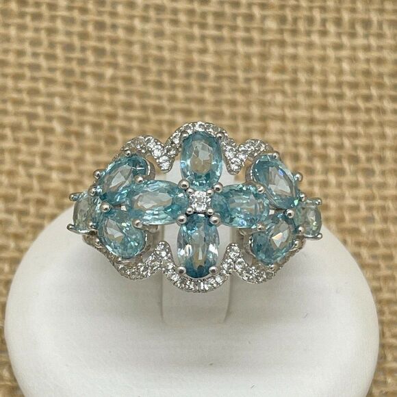 Colleen Lopez Jewelry - Blue Zircon & White Topaz Flower Ring Sterling Silver Sz 9   7.01ct